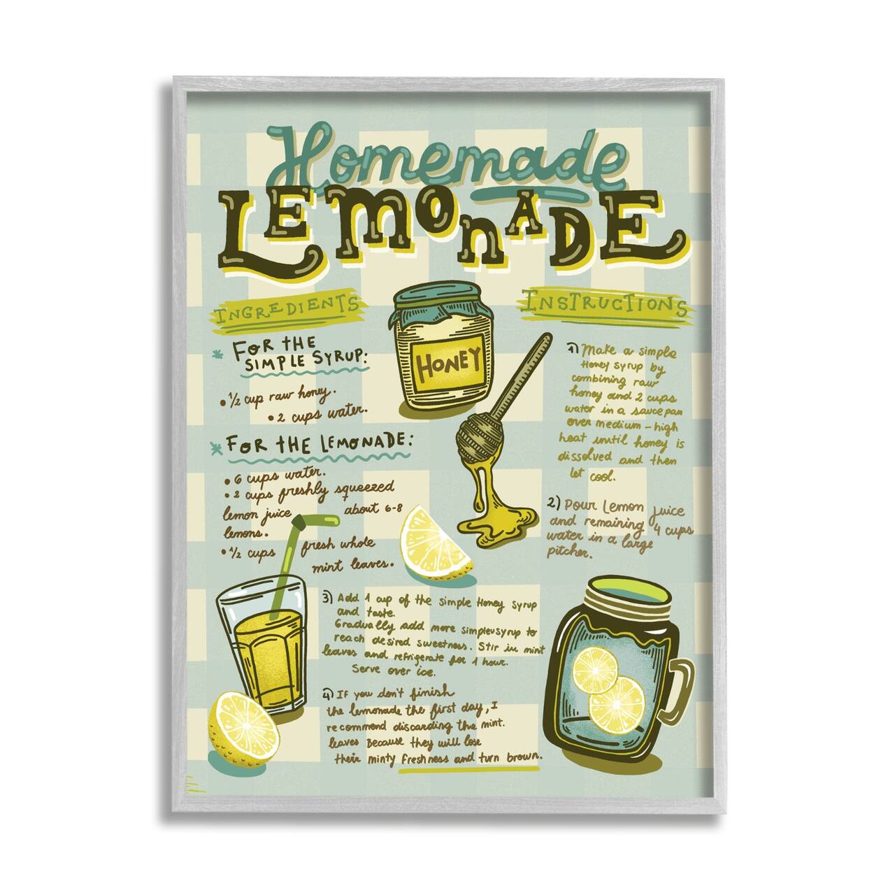 Stupell Industries Homemade Lemonade Blue Picnic Plaid Vintage Drink Recipe Framed Wall Art